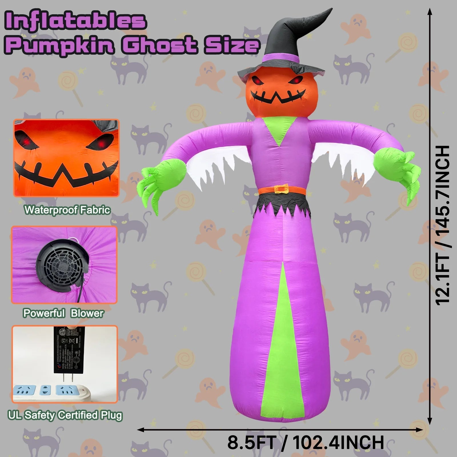 12FT Giant Halloween Inflatables Pumpkin Ghost with Witch Hat, Halloween Inflatables Decorations with LED Lights for Haunted House Indoor Outdoor Yard Garden Lawn Holiday Party