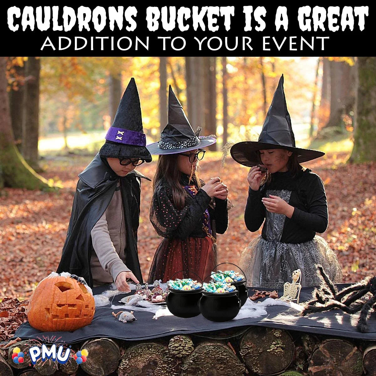 Halloween Cauldron - 6 Inch Black Plastic Candy Holder for Kids - Halloween Party Favors & Supplies (12/Pkg) Pkg/1
