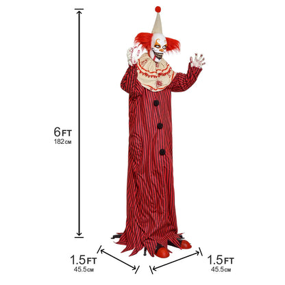 72" Halloween Decorations Outdoor Standing Animatronic Clown with Red Light up Eyes, Motion and Sound Activated Moving Arms and Head, Scary Clown Halloween Yard Patio House Decor