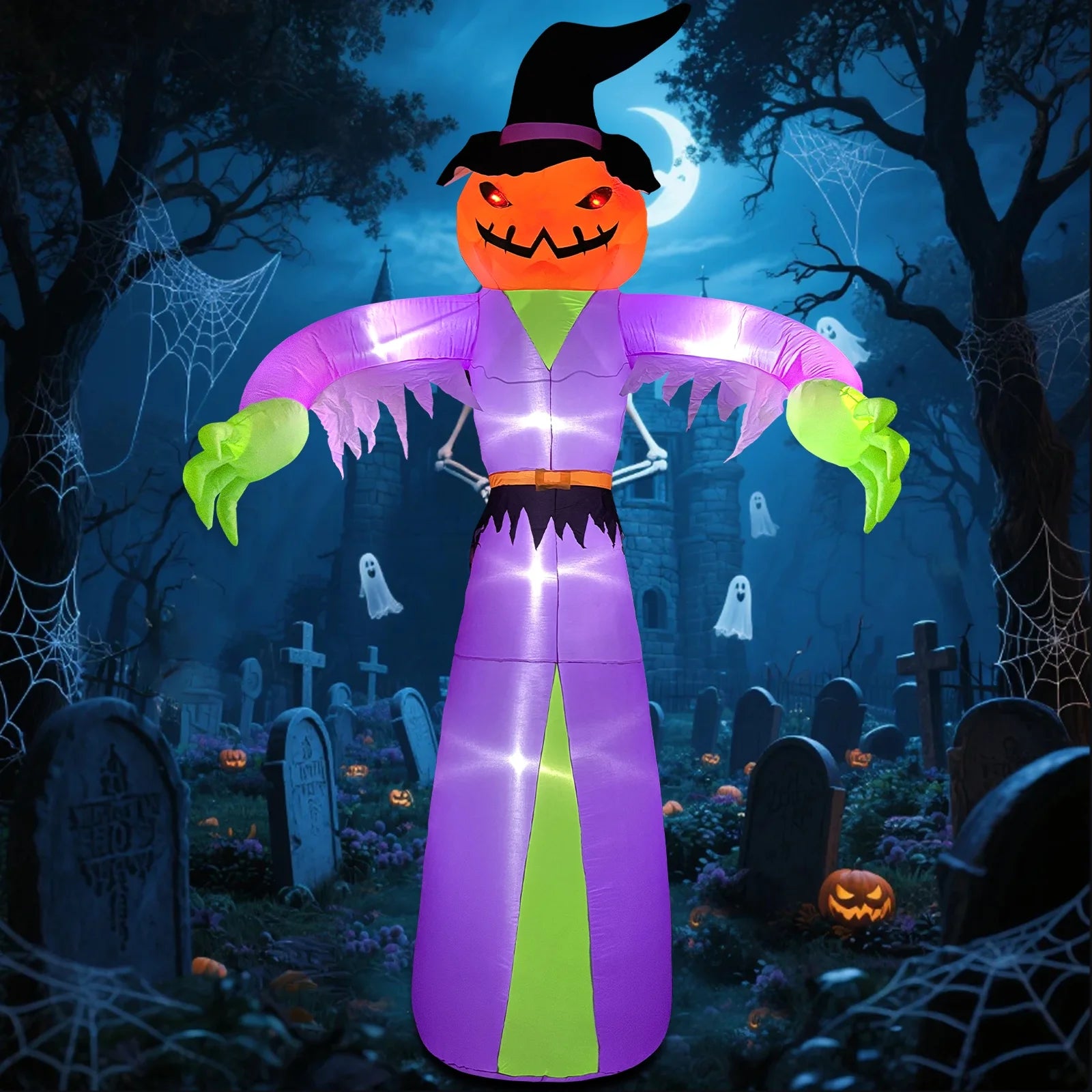 12FT Giant Halloween Inflatables Pumpkin Ghost with Witch Hat, Halloween Inflatables Decorations with LED Lights for Haunted House Indoor Outdoor Yard Garden Lawn Holiday Party