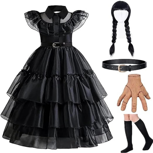 Wednesday Addams Costume Dress, 4-13 Years Outfits with Accessories Dress up Set, Family Gothic Halloween Cosplay Party 140