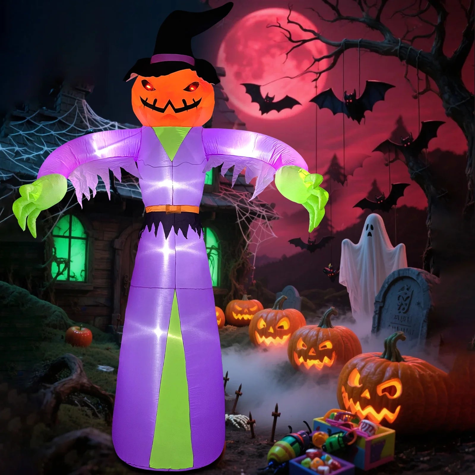 12FT Giant Halloween Inflatables Pumpkin Ghost with Witch Hat, Halloween Inflatables Decorations with LED Lights for Haunted House Indoor Outdoor Yard Garden Lawn Holiday Party