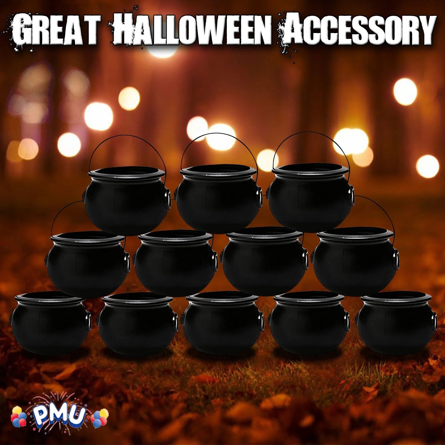 Halloween Cauldron - 6 Inch Black Plastic Candy Holder for Kids - Halloween Party Favors & Supplies (12/Pkg) Pkg/1